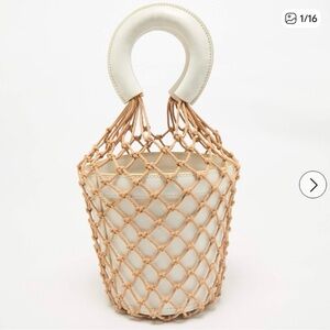 STAUD Moreau Macrame Bucket Bag in white and tan
